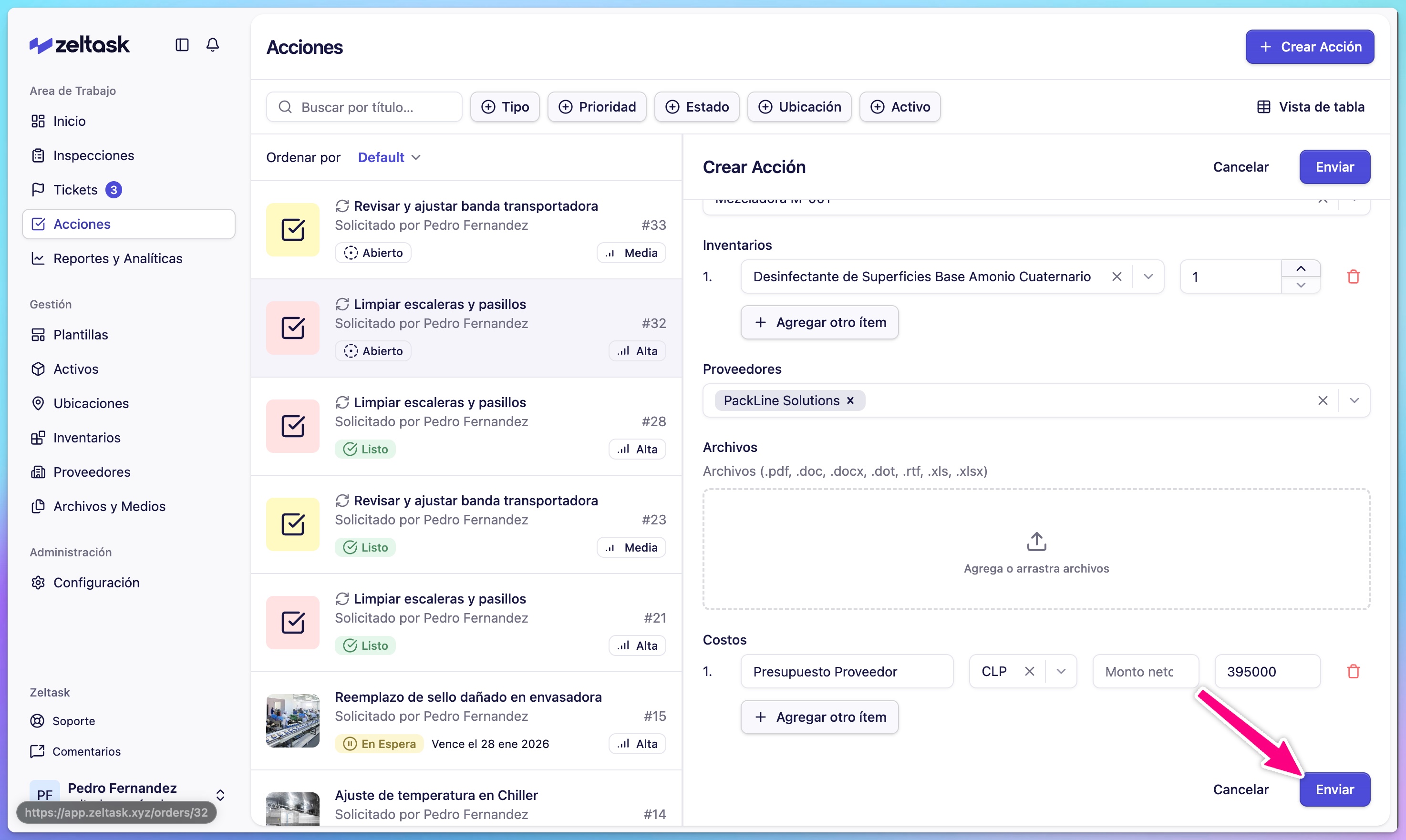 Completed Create Action form with Submit button highlighted